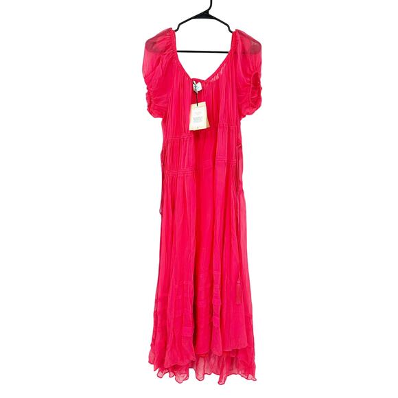 La Ligne Isabelle Gathered Silk Chiffon Hot Pink Puff Sleeve Maxi Dress Sz S NWT - Picture 3 of 6